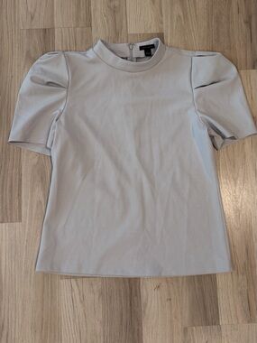 Ann Taylor Light Gray Puff Sleeve Mock Neck Top